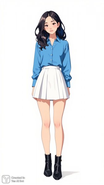 Модная иллюстрация современной девушки в голубой блузке и белой юбке. Нейросеть Flux.1