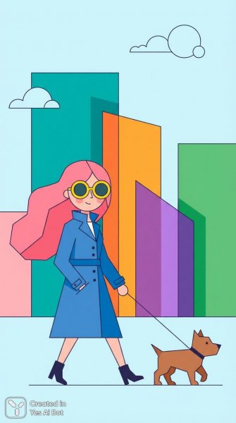 Стильная женщина с розовыми волосами и питомцем в современном городе. Генерация из нейронной сети NanoBanana