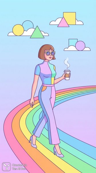 Стильная женщина с кофе на радужной тропе. Картинка из нейронной сети Нано Банана