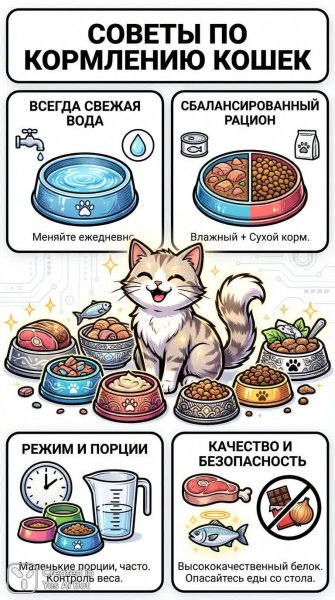 Советы по кормлению кошек: красочная инфографика с современным дизайном и яркими иллюстрациями. Изображение из нейросети Nano Banana