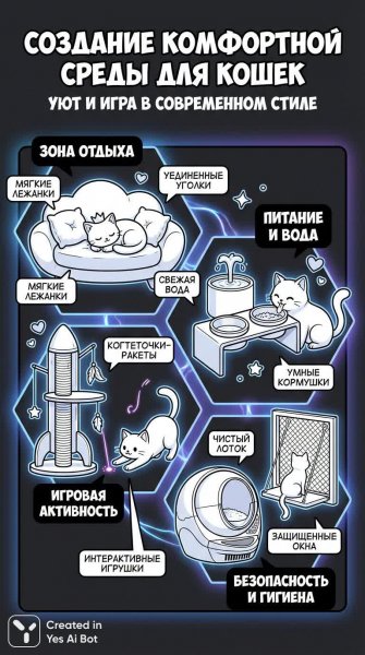 Уютный мир кошек: подробная инфографика для комфорта питомцев. Картинка из нейронной сети Nano-Banana