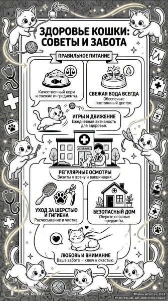 Советы ветеринара для кошек: красочная инфографика о здоровье питомцев. Генерация из нейронной сети NanoBanana