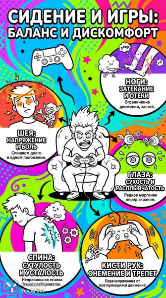 Игровой процесс и геморрой: красочная инфографика о рисках сидячего образа жизни. Картинка из нейросети Нано Банана