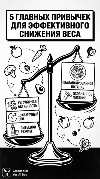 Пять привычек для стройности: яркая инфографика с овощами и фруктами. Нейронная сеть Nano-Banana