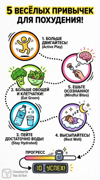 Пять полезных привычек для стройной фигуры: яркая инфографика на русском языке. Нейронная сеть Nano Banana