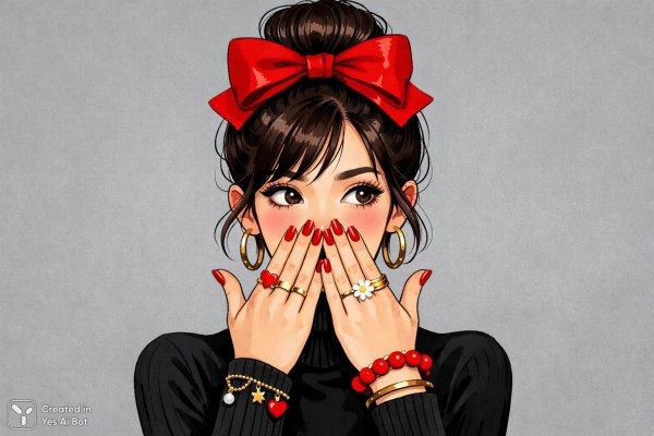 Девушка с пучком и красной лентой в черном свитере. Генерация из нейронной сети Sora Images