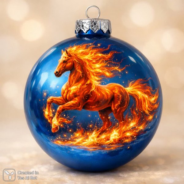 Голубой шар с огненной лошадью в нежном бежевом фоне. Генерация из нейросети Sora images Ai