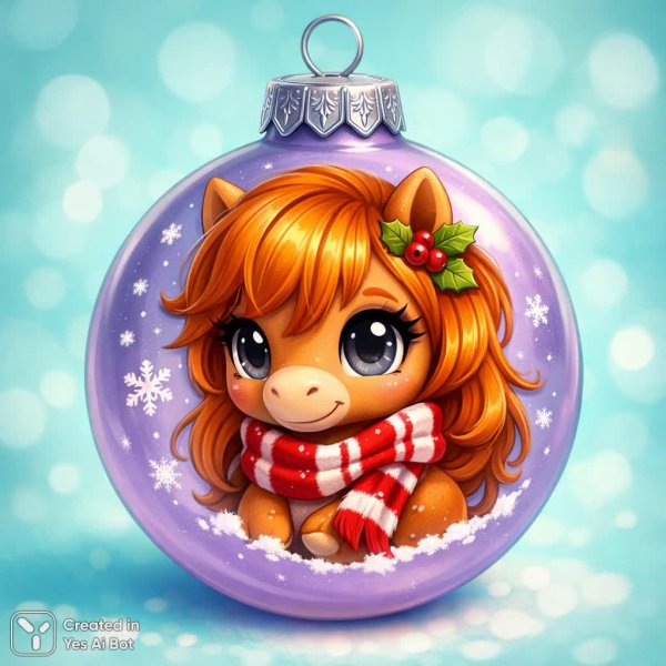 Рождественский шар с милым пони в мультяшном стиле. Картинка из нейросети Sora images Ai