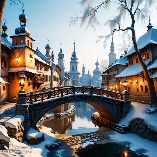 Зимний город из газет: скульптуры, мосты и ретро-автомобиль Волга в полный рост. Картинка из нейросети Стейбл Дифьюжен