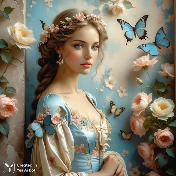 Нежная красота в цветочном образе и элегантном платье. Нейронная сеть Stable Diffusion