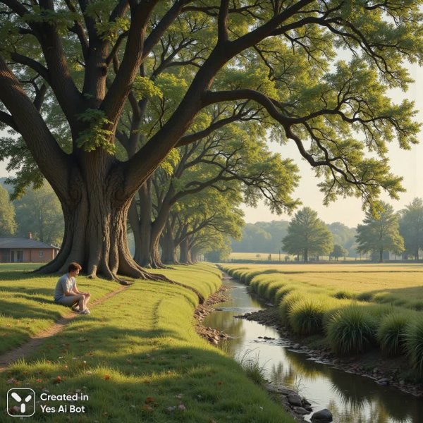 Спокойная идиллия: пейзаж с дубом и размышлениями юноши у реки. Нейросеть Flux Ai