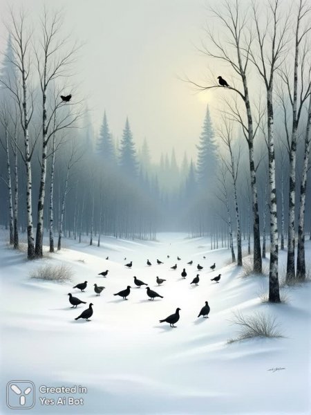 Зимний лес в снегу: спокойствие и безмятежность заснеженной природы. Картинка из нейронной сети Flux