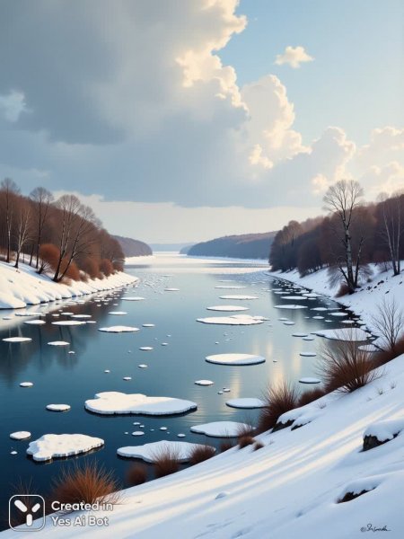 Река весной: отражение неба в тающей воде и снежных берегах. Изображение из нейросети Flux 1