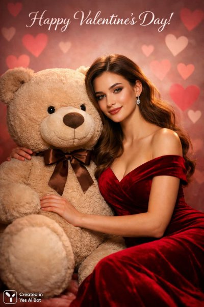 Изысканная красота в алом бархате с плюшевым другом. Картинка из нейросети Sora Images