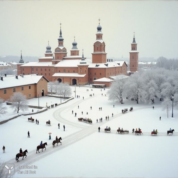 Заснеженная деревня и монастырь: зимнее великолепие русской зимы в живописном пейзаже. Картинка из нейросети Flux Ai