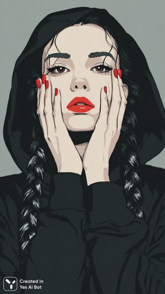 Яркая девушка в худи с длинными косами и красной помадой: стилизация поп-арт в графическом стиле. Картинка из нейросети Миджорни