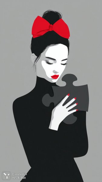 Девушка с высокой прической и красной лентой в стиле минимализма. Генерация из нейросети Midjourney