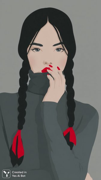 Девушка с длинными косами и яркими акцентами: цифровая иллюстрация в минималистичном стиле. Генерация из нейросети Миджорни