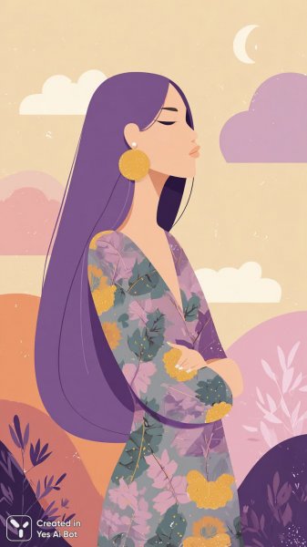 Стильная девушка в фиолетовом платье среди геометрических фигур и облаков. Картинка из нейросети Midjourney