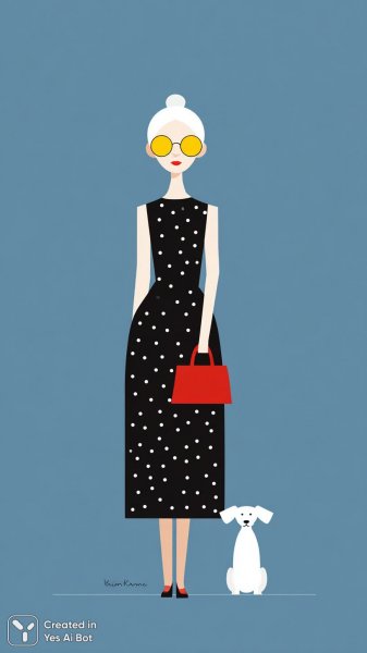 Девушка в полосатом платье и жёлтых очках: минималистичная прогулка с собакой. Изображение из нейросети Midjourney