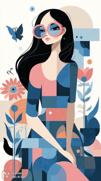 Яркая девушка в розовых очках и геометрическом платье среди цветов и бабочек. Нейронная сеть Миджорни