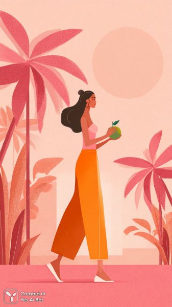 Яркая танцовщица в оранжевом платье с экзотическим фруктом и пальмами. Картинка из нейронной сети Миджорни