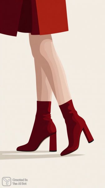 Эффектные ботильоны на блочном каблуке в темно-красном цвете и сетка под ногами. Изображение из нейронной сети Midjourney