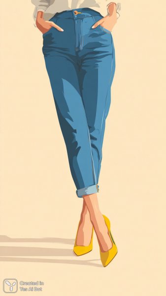 Стильные ножки в голубых джинсах и желтых шпильках: векторная иллюстрация в стиле флэт. Нейросеть Midjourney