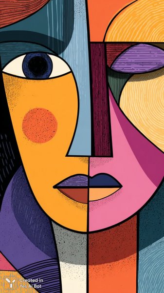 Геометрическое лицо: цифровое искусство в стиле кубизма с яркими эмоциями и асимметрией. Изображение из нейронной сети Миджорни