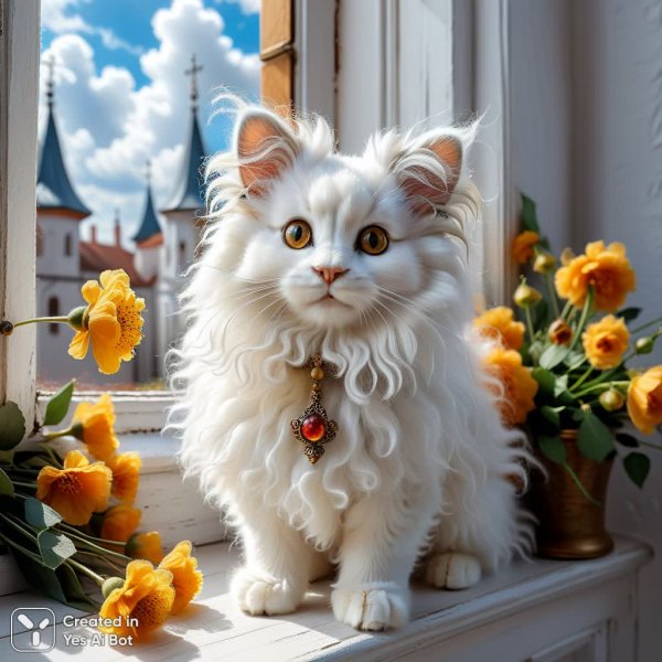 Невероятное создание: пушистый ангел с колокольчиками и облачным видом. Изображение из нейронной сети Stable Diffusion