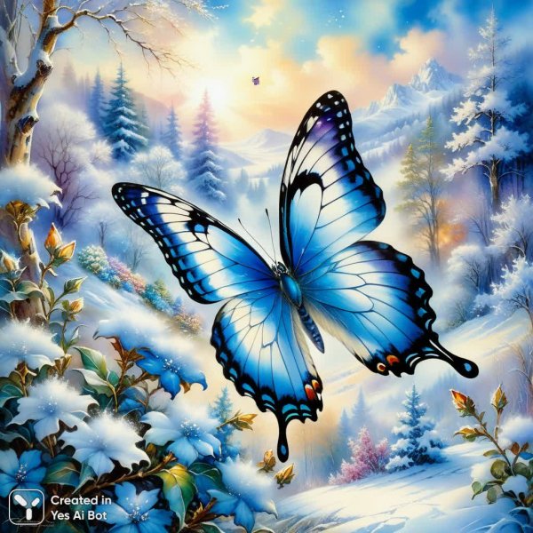 Зимний пейзаж и бабочка с весенним рисунком на крыльях. Картинка из нейронной сети Stable Diffusion