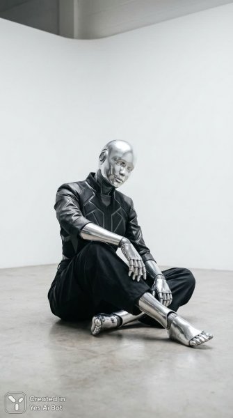 Серебряный робот в современном стиле: минимализм и отражение будущего. Нейросеть Nano Banana