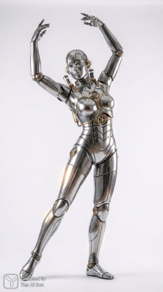 Хромовая женщина на Android: футуристическая поза и блестящий металл. Изображение из нейронной сети Nano Banana