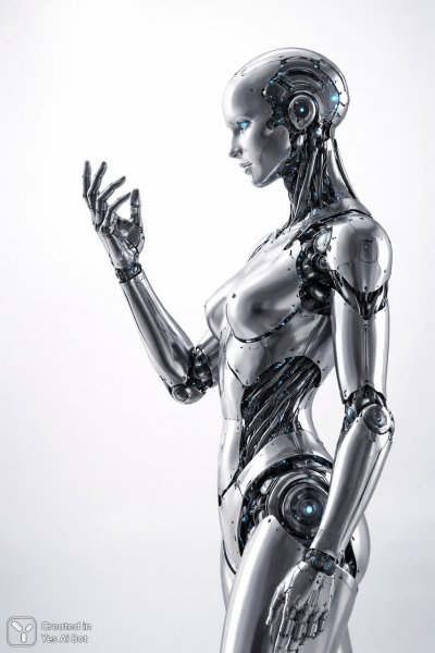 Серебряный андроид будущего в стиле киберпанк: элегантность хрома и минимализм. Картинка из нейросети Sora Image