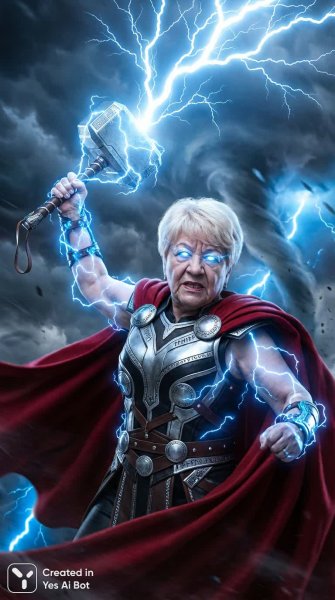 Асгардская ярость: женщина с молотом Мьельнир в грозовой буре Marvel. Изображение из нейросети Nano-Banana
