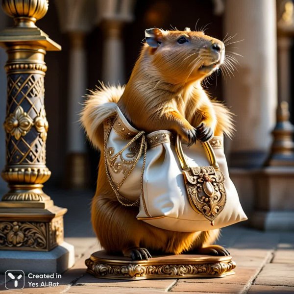 Капибара с изящной сумкой на декоративном пьедестале: стиль и утонченность. Генерация из нейронной сети Stable Diffusion