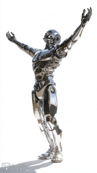 Серебряный робот в футуристичном стиле: динамичная поза и мягкий свет отражений. Генерация из нейросети Midjourney