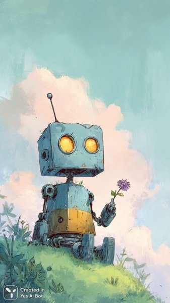 Робот на холме с цветком: веселое приключение в пастельных тонах. Картинка из нейронной сети Midjourney