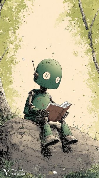 Робот с книгой в спокойном лесу: цифровая иллюстрация чернилами. Изображение из нейронной сети Миджорни