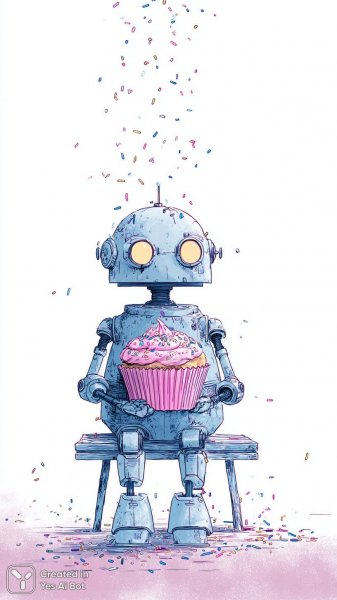 Робот с гигантским кексом: праздничная иллюстрация в стиле инкворт. Генерация из нейронной сети Midjourney