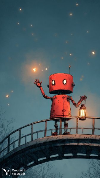 Красный робот на мосту: приключение в звездном закате. Картинка из нейросети Midjourney