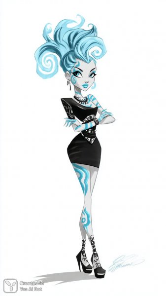 Яркая монстр-хай: дерзкий образ с голубыми татуировками и стильным черным нарядом. Изображение из нейросети Midjourney