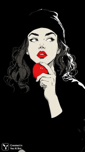 Девушка с яблоком: яркий образ и комичный стиль. Генерация из нейросети Midjourney