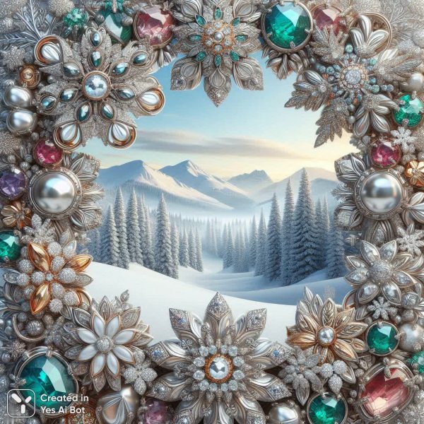 Зимняя сказка: роскошная композиция из драгоценных снежинок и заснеженных гор. Нейросеть Dalle