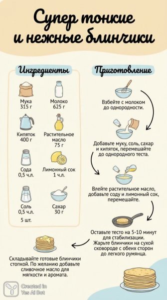 Рецепт идеальных блинчиков: тонко, нежно и безумно вкусно!. Изображение из нейронной сети Nano-Banana