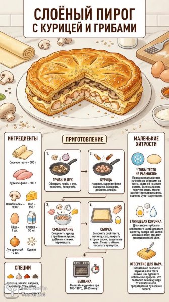 Сочный слоеный пирог с курицей и грибами: пошаговый рецепт приготовления в духовке. Нейросеть Нано Банана