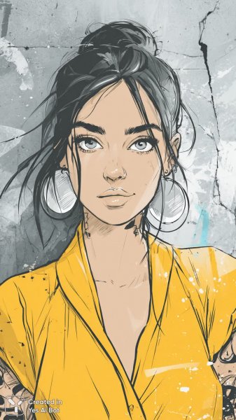 Стильная леди с серебряными татуировками и ярким образом на фоне граффити. Генерация из нейросети Midjourney