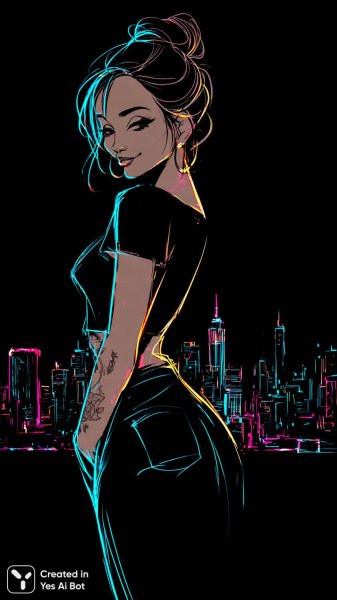 Сияющая бимбо с неоновыми татуировками в блестящем платье на фоне ночного города. Картинка из нейросети Миджорни