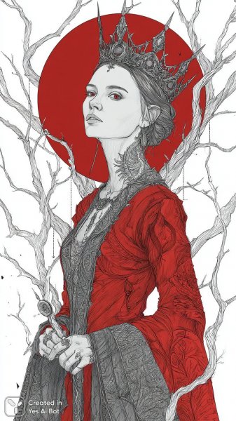 Красная королева на трон из теней и ветвей. Картинка из нейронной сети Миджорни