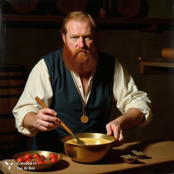 Мужчина с бородой готовит согревающий крем-суп в уютной таверне или старинной кухне. Генерация из нейросети Flux